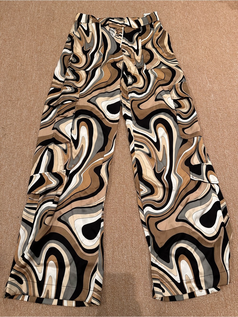 Wide-Leg Swirl Print Cargo Pants - Beige Multi